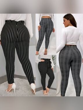 SHEIN Black & Gray Plaid and Pinstripe Slim High Waist Pants Duo